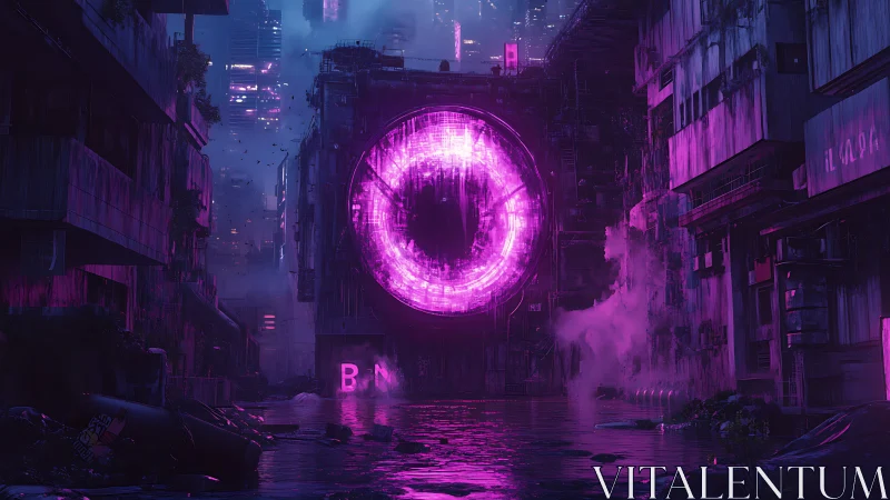 Neon magenta portal dominates flooded cyberpunk alleyway.