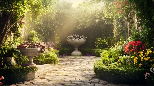 Sunlit formal garden path renders lush floral symmetry in 3D