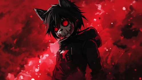 Wolf-eared anime figure stands in red smoke-filled background