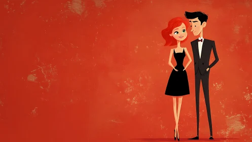 Elegant Couple in Formal Attire Against Red Backdrop.