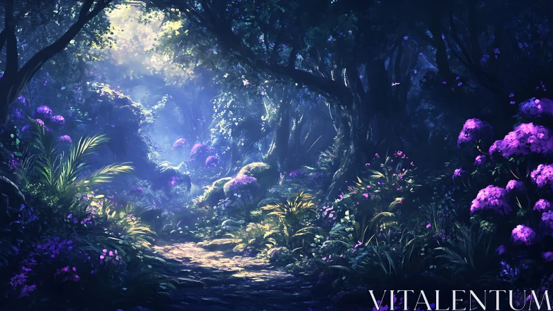 Subterranean cavern with luminescent vegetation and atmospheric light.