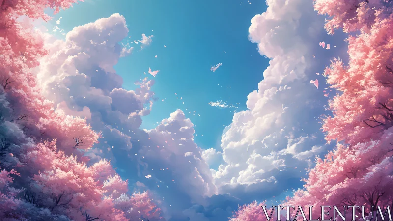 Digital sky composition shows cloud formations over pink trees