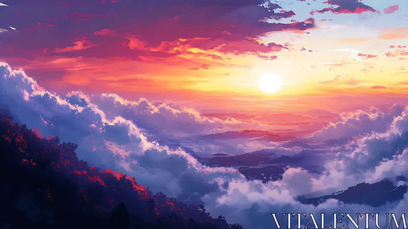 Vibrant digital sunset above layered mountain clouds.