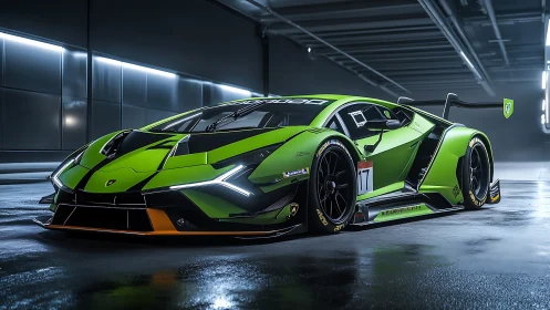 Green race-prepared supercar is parked in a lit garage