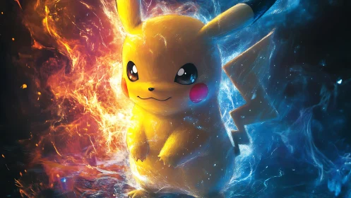 Electric creature amid bifurcated fire and ice energy field.