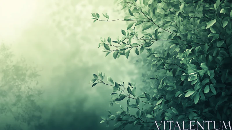 Lush green foliage in soft dreamy light, digital illustration.