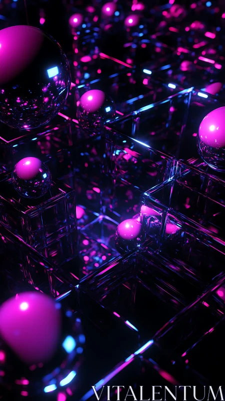 Neon glass spheres reflect within mirrored cubic grid
