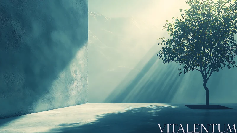 Quiet sunlit courtyard tree glowing in gentle morning light.