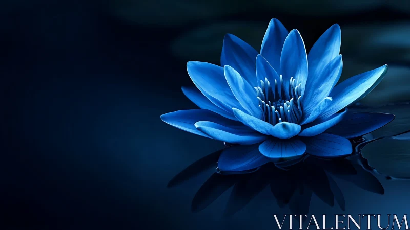 Blue lotus blossom resting on dark reflective water surface.