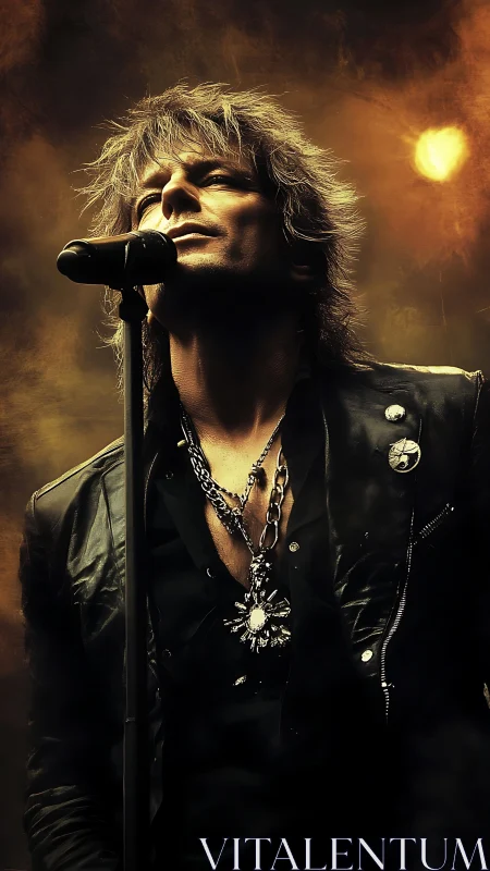 Rock vocalist in dramatic stage spotlight, smoky ambience.