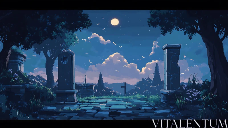 Moonlit ruin gateway opens onto a tranquil pixel night