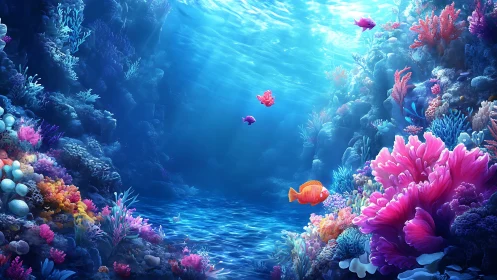 Colorful coral reef scene shows tropical fish in clear water