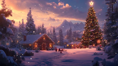 Snowy cabin and huge Christmas tree at sunset in winter