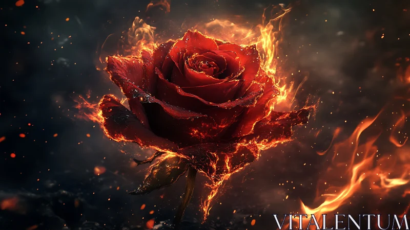Fiery crimson rose engulfed in sparks and swirling embers.