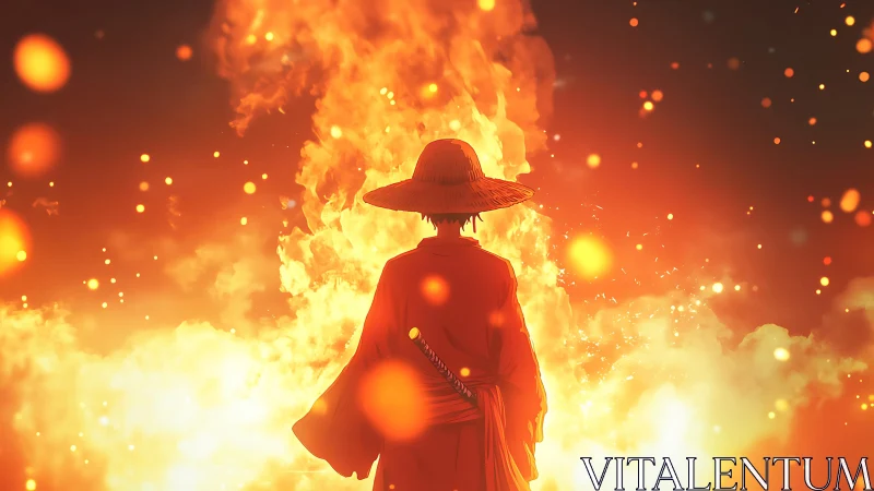 Silhouetted Figure in Inferno: Digital Rendering of Fire and Light.