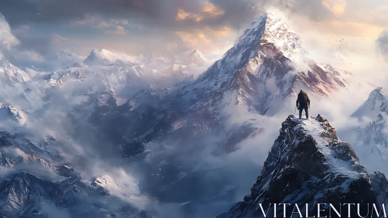 Climber surveys glaciated summit ridge under volumetric dawn light