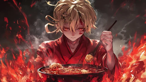 Fiery ramen warrior savoring a bowl of blazing comfort.