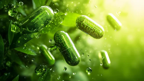 Green Herbal Capsules in Nature, Vibrant and Fresh Concept Art.
