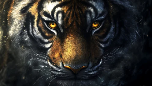 Golden eyed tiger gazes forward with fierce, quiet power