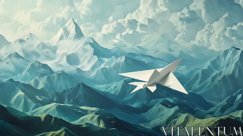 Origami aircraft glides above volumetric-lit alpine ridges and clouds