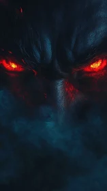 Demonic face with glowing red eyes emerges from dark smoke