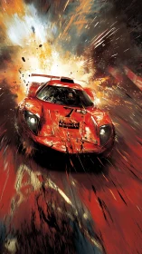 Red race car explodes forward through debris with dynamic motion blur