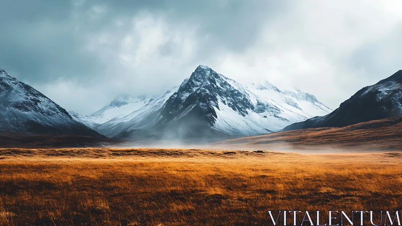 Snow-covered mountain range above misty autumn grassland.