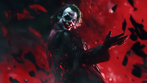 Smirking clown in swirling red chaos welcomes the viewer.