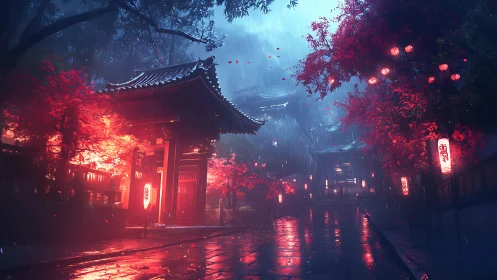 Lanternlit rain carves neon rivers through a silent temple street