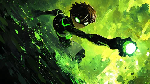 Green-lit suited figure extends arm in dynamic diagonal pose