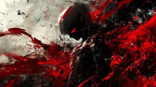 Shadowed warrior rises amid swirling red chaos and fury