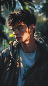 Moody young man in dappled jungle light portrait