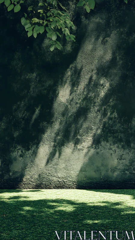 Sunlit shadows quietly climb an old moss-green garden wall