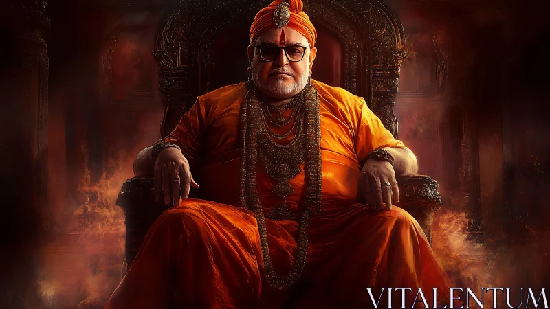 Regal orange-robed guru seated on ornate dark throne.