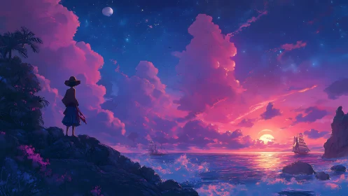 Sky-drenched wanderer greeting a violet ocean sunset dream.