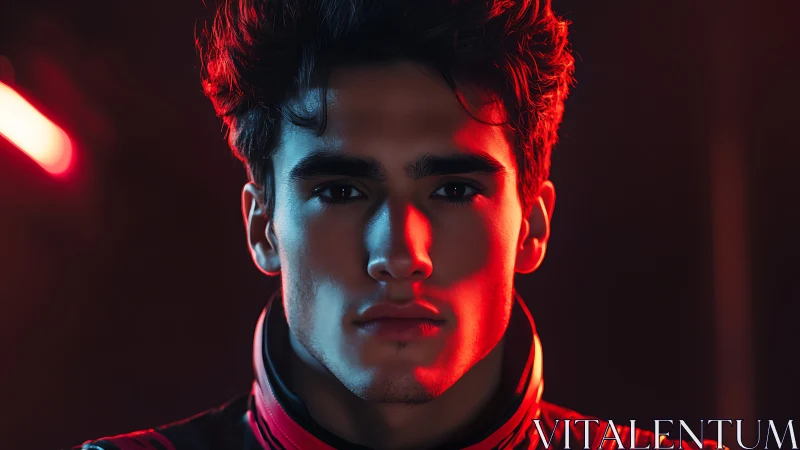 Portrait shows young man lit by contrasting red and blue light