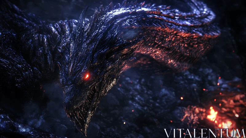 Obsidianscale dragon coils through embers under cold moonlight.