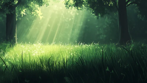 Luminous forest clearing with volumetric light rays penetrating dense canopy structure.