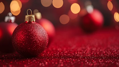 Macro closeup of red glitter bauble with golden cap, bokeh