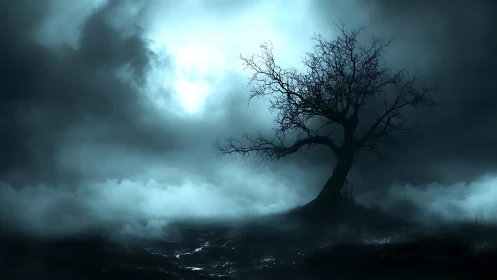 Lone twisted tree rises over misty moonlit hillside.