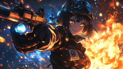 Fearless anime heroine glowing amid blazing blue and gold light.