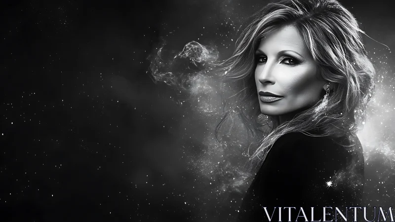 Starlit woman emerging from cosmic silver dust dreams.