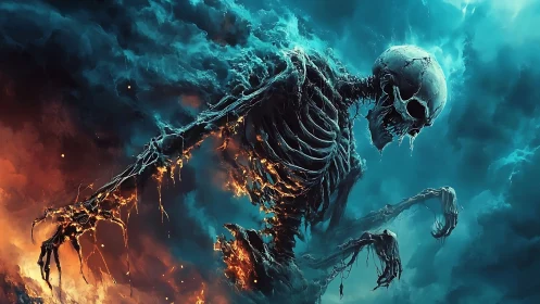 Skeletal humanoid form in mixed fiery and blue vapor field.