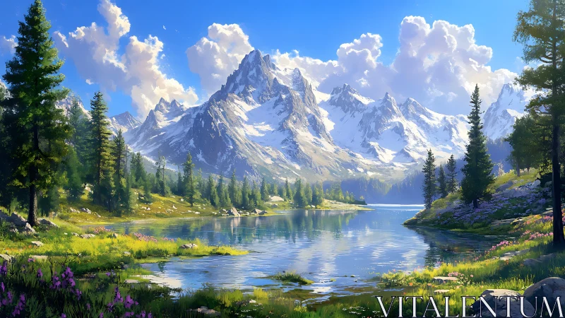 Sunlit alpine lake reflects glaciated peaks in luminous detail