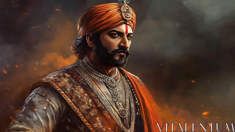 Regal Indian nobleman portrait in ornate traditional attire.