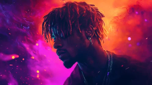 Moody neon portrait glowing with color and quiet emotion.