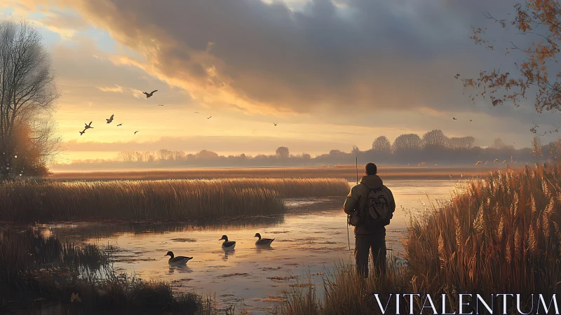 Hunter surveys dawn wetland under luminous stratiform clouds