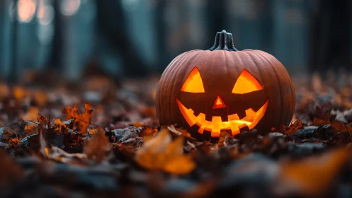 Glowing jack-o’-lantern illuminates autumn forest floor at dusk