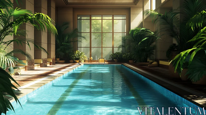 Sunlit indoor lap pool framed by lush architectural greenery
