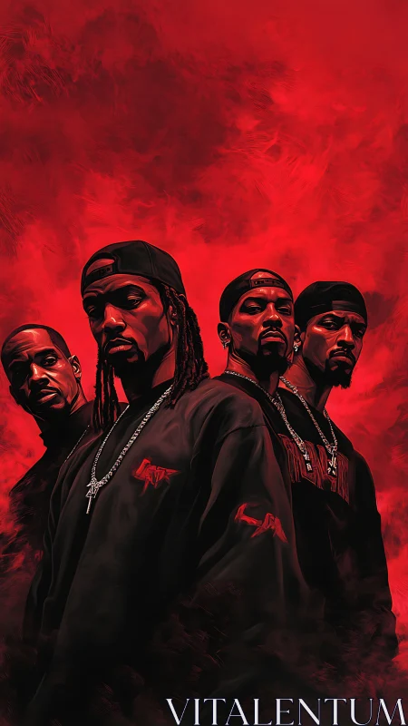 Digital painting portrait of hip-hop group in red haze composition.